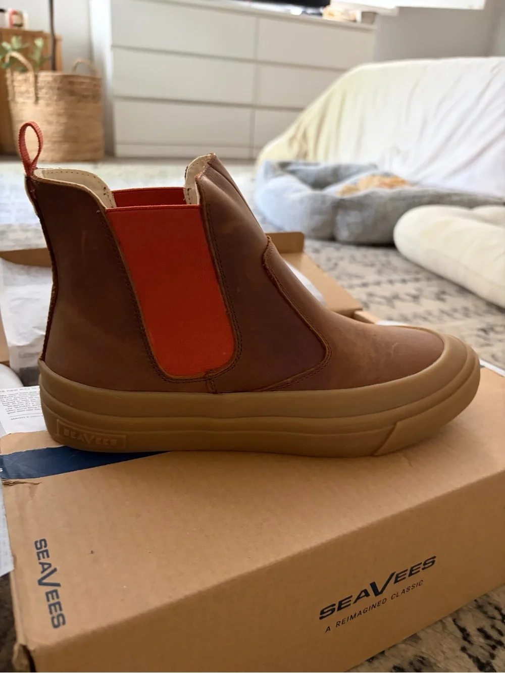 SeaVees Brown Leather Boots with Orange Elastic Panels